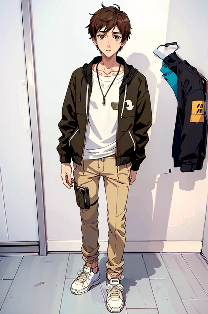 full body of a gentle cool tall boy standing, brown hair, black eyes, solo, wearing jacket, sneakers and simple necklece, ((like anime))