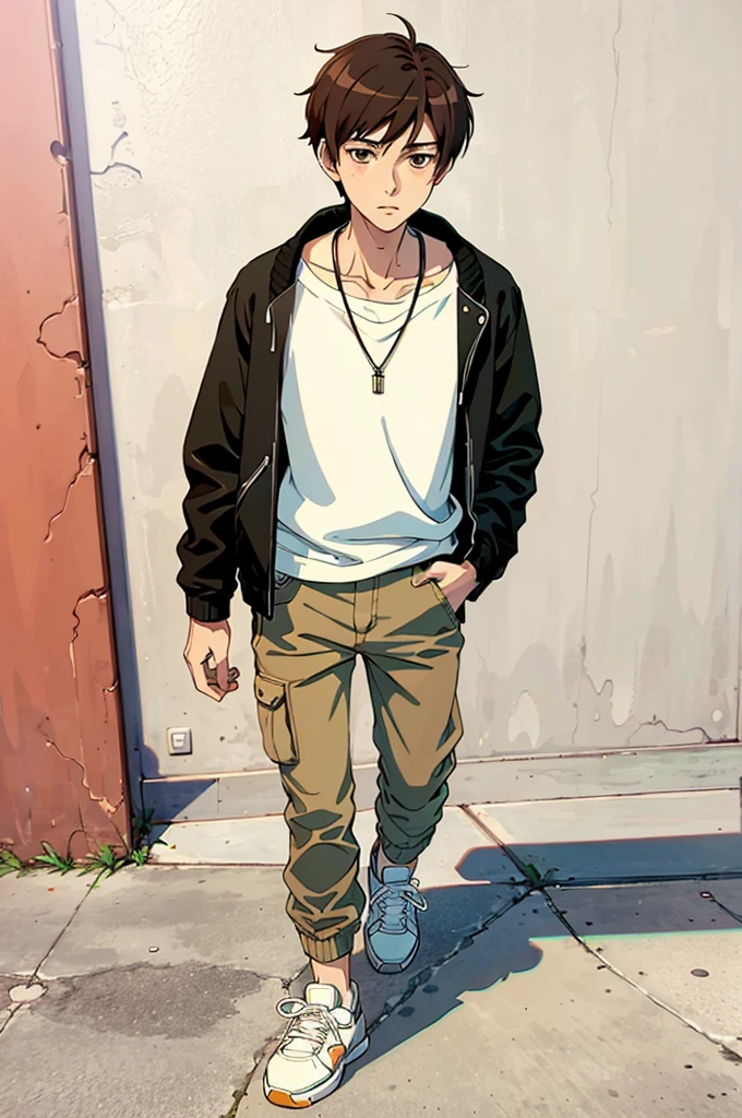 full body of a gentle cool tall boy standing, brown hair, black eyes, solo, wearing jacket, sneakers and simple necklece, ((like anime))