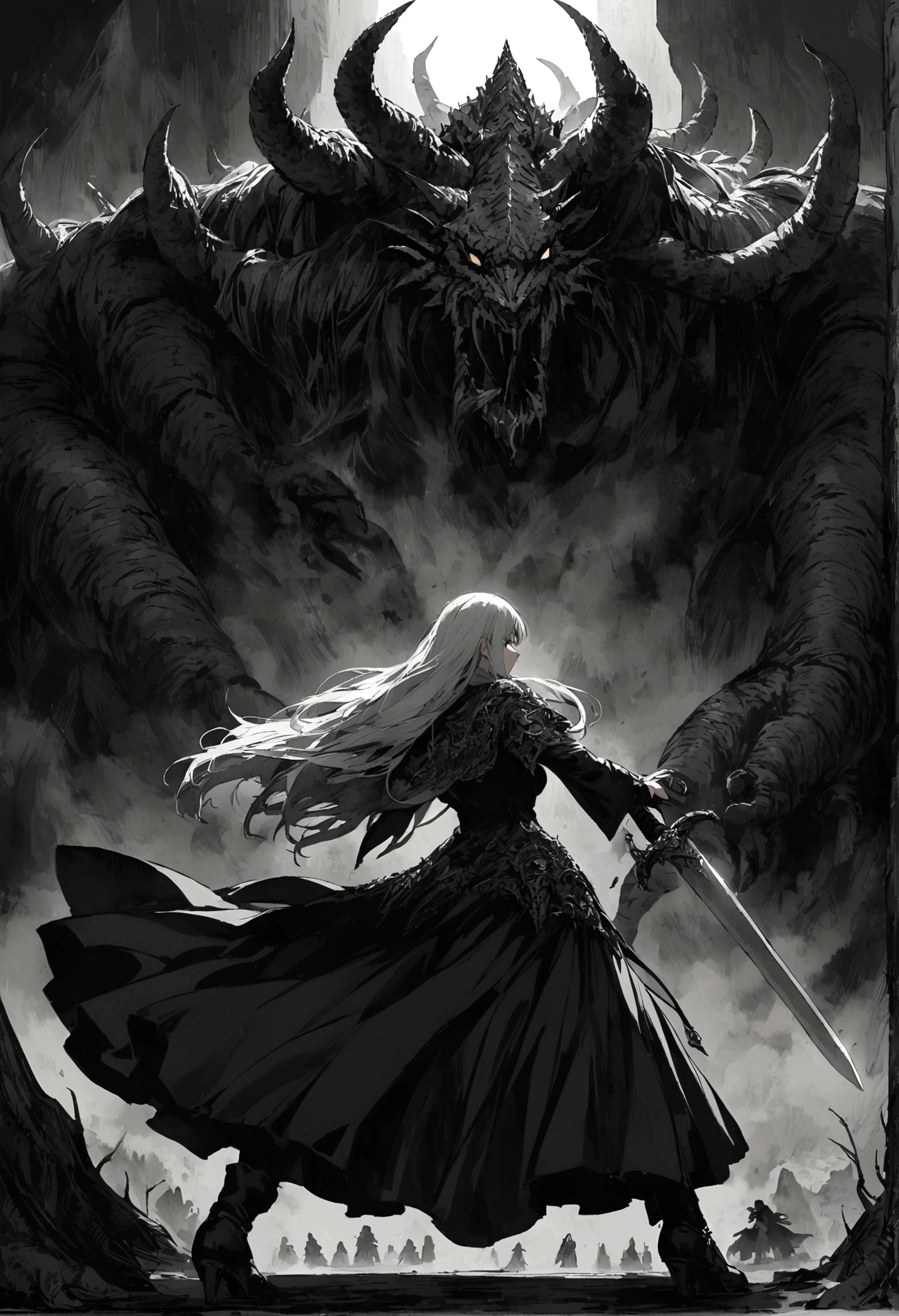 Dark theme, Girl fighting Elden Ring Boss. Girl has a sword. The boss is like a dragon