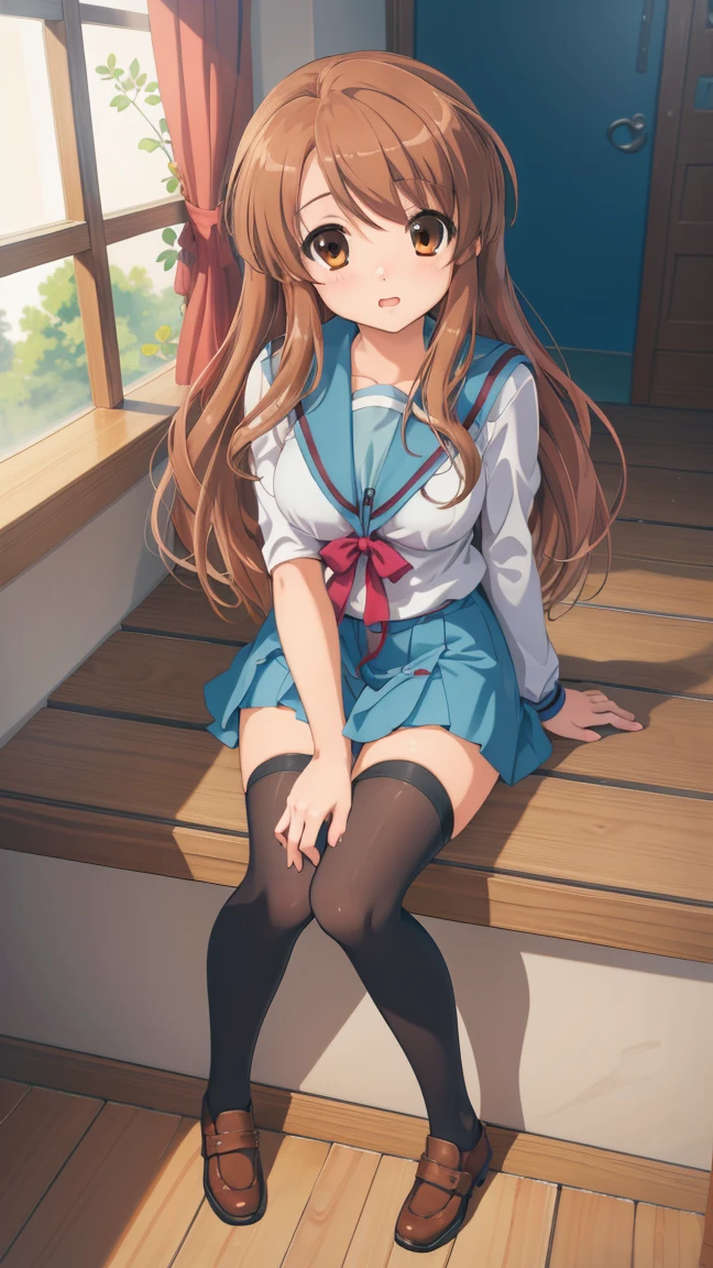 (masterpiece), highest quality, high resolution, illustration, game cg, asahina mikuru, detailed eyes, perfect face, serafuku, pleated miniskirt, thigh highs, school, hallway, sitting, (knees bent)