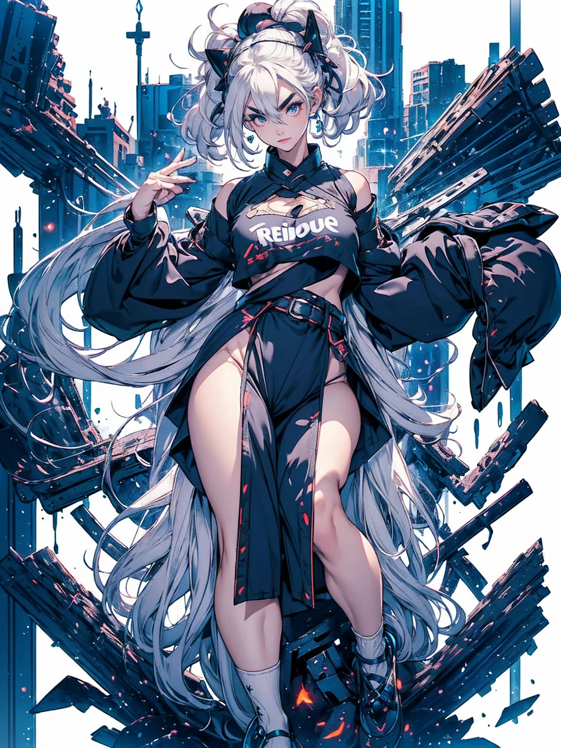 , (White Hair Girl), (Thick, dark blue eyebrows:1.4), (Dark blue eyebrows:1.7), (Thick eyebrows:1.3), (Huge black fluffy animal ears:1.1), (Black animal ears:1.1), BREAK, (((Mesh Stitching Crop T-Shirt, Cutout Long Sleeve Top))),BREAK, (Big Breasts:1.2, Thick legs, Superb thighs:1.3, Adult female body, Sturdy body:1.5, Japanese style costume:1.5, Beautifully colored kimono:1.5,), ((Action pose:1.4 )), (sharp eyes, Ultra-high definition CG, Precisely designed costumes, 4K, 8K, Ultra-high definition CG, Precisely designed costumes, Clear lines, Expressive and Captivating Eyes, Fine Details and Realistic Textures, cinematic lighting), ((white background)), BREAK, (過剰なRuggedThick soleブーツを履いています:1.2), (Thick sole:1.5), (Big shoes:1.3),