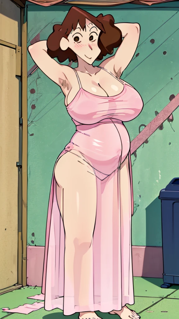 Misae Nohara, (Auntie:1.5), (Mature Woman:1.5), (absurderes, 8K, 4K, masutepiece, hyper extreme detailed:1.2), Best Quality, Perfect Anatomy,Perfect face,High humidity, (Huge breasts:1.7), (A sheer pink nightgown:1.4), (Wet:1.2), (.Alley:1.3), Graffitied wall, Garbage can, Scattered trash, (alone:1.5), (Brown eyes:1.2), (Clothing is revealing:1.2), Exposed shoulders, Torn clothes, Are pregnant, Firm breasts, Upturned nipples, Showing cleavage, Mole on chest, (Thick armpit hair:1.4), (blush:1.2), A kind smile, relief, peace of mind, (maternal:1.3), (Gentle look:1.5), Smiling face, (Outdoor:1.5), (Out:1.3), half closed eyes, naughty face