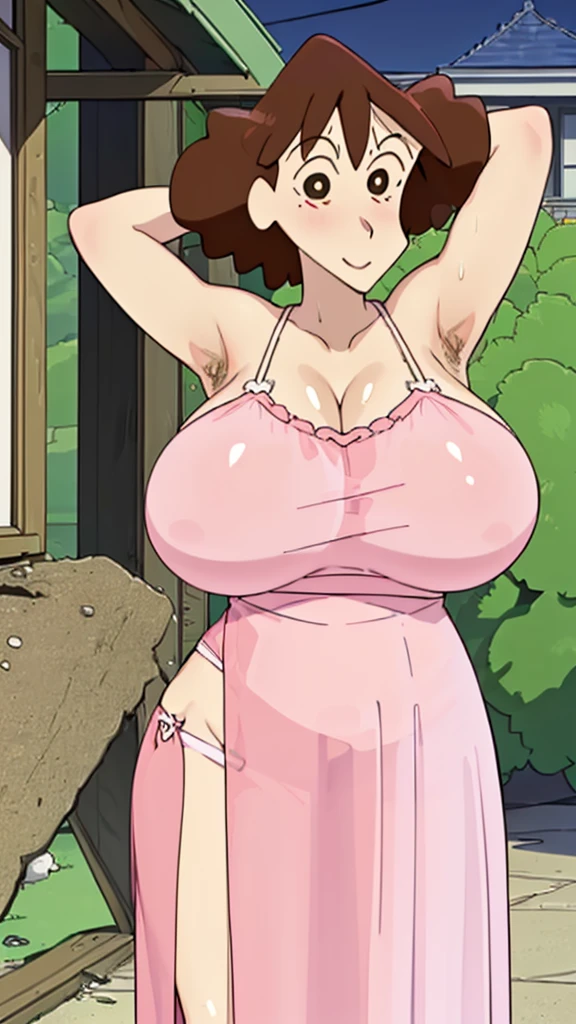 Misae Nohara, (Auntie:1.5), (Mature Woman:1.5), (absurderes, 8K, 4K, masutepiece, hyper extreme detailed:1.2), Best Quality, Perfect Anatomy,Perfect face,High humidity, (Huge breasts:1.7), (A sheer pink nightgown:1.4), (Wet:1.2), (.Alley:1.3), Graffitied wall, Garbage can, Scattered trash, (alone:1.5), (Brown eyes:1.2), (Clothing is revealing:1.2), Exposed shoulders, Torn clothes, Are pregnant, Firm breasts, Upturned nipples, Showing cleavage, Mole on chest, (Thick armpit hair:1.4), (blush:1.2), A kind smile, relief, peace of mind, (maternal:1.3), (Gentle look:1.5), Smiling face, (Outdoor:1.5), (Out:1.3), half closed eyes, naughty face