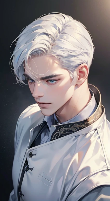 (best quality, masterpiece, 8K, photorealistic, cinematic lighting, 1:4 hdr image, top view, ultra detailed, beautiful image), a mature man, very handsome, short white hair, blue eyes, perfect face without errors , (CEO)