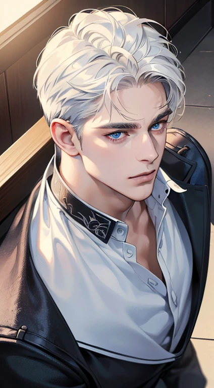(best quality, masterpiece, 8K, photorealistic, cinematic lighting, 1:4 hdr image, top view, ultra detailed, beautiful image), a man, very handsome, short white hair, blue eyes, perfect face without errors , (CEO)