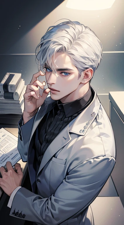 (best quality, masterpiece, 8K, photorealistic, cinematic lighting, 1:4 hdr image, top view, ultra detailed, beautiful image), a mature man, very handsome, short white hair, blue eyes, perfect face without errors , (CEO)