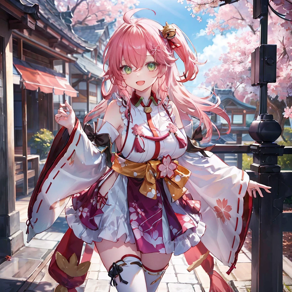 masterpiece, Highest quality, High Resolution Sakura_Shrine maiden, One girl, big_tits, alone, Ahoge, Vatu_hair_ornament, pink_hair, Floral print, hairclip,(~ side_fewer_Clothes:1.5), (~ side_tits:1.5), hair_Bell, Floral print, length_hair, hair between eye, one ~ side up, White knee socks, asymmetrical footwear, wide sleeve, Open_mouth,(Happy:1.3),green_eye,big_smile,(rise_foot:1.3),plump,Away_foots,(excessively_length_sleeve:1.3),),sleeve_past_hand首,hand_hidden_sleeve,~ sidelock_Clothes,dynamic_Pause,alone,hidden_hand首,(LOL:1.4),Covered_Nipples,sunlight,Cherry Blossom_background,まんことNipplesが出ている