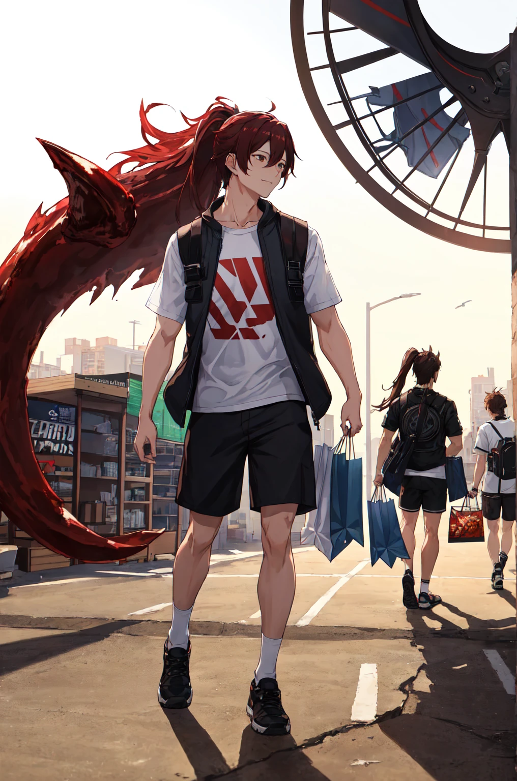 8K,high resolution,absurd,masterpiece,best quality
(hutaodef:1.2),Black shorts,Regular Clothes，white background，Hair Bunch，(surtr_arknights:1.10)，walk，shopping，shorts，Short sleeve，happy，ponytail