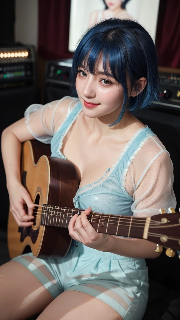 ((best quality)), photorealistic, photorealism, Photorealistic, high resolution, ((Wearing sheer shirt, short pants))、smile、A superb beauty、Super cute、ennui、Rare beauty、Very Short hair、Black Dark Eyeshadow、Sad、white skin、pale skin, Very short hair layered、Cute Makeup、Cute Smile、Fragrant beauty、Music studio background、Mastepiece、Best Quality、Refers to 5 books、Sweat glistening on my chest、Sweat glistening on my face、Medium breasts、Blue hair、Age 20 years old、Mysterious look、A sad expression、Blue Hair、Glamorous music studio、Sweating profusely all over the body、Plenty of sweat glistening on the thighs、A large amount of sweat glistens on my thighs、Sweating profusely、Gal、Medium breasts、Beautiful face、Alluring expression、Sitting、Sitting playing guitar、Thick thighs、Playing guitar、I have a guitar、Sing a song enthusiastically、Playing guitar in a band、Rock band、Playing guitar chords、Live House Background、Sing a song、Open your mouth、Live house scenery、Glamorous live stage、Dynamic Angle