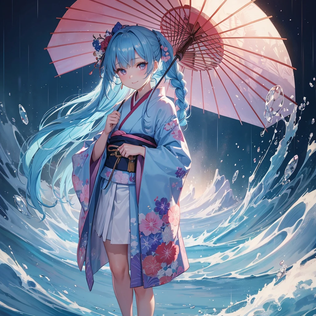 sky Blue hair, (braided ponytail),(pink eyes),fair skin ,(full body),(1 girl),smile,Straight Bangs,(masterpiece, best quality, ultra-detailed, best shadow), (detailed background), (beautiful detailed face), high contrast, (best illumination, an extremely delicate and beautiful), ((cinematic light)), colorful, hyper detail, dramatic light, intricate details,rain shower,kyoto,Japanese Umbrella,kimono,