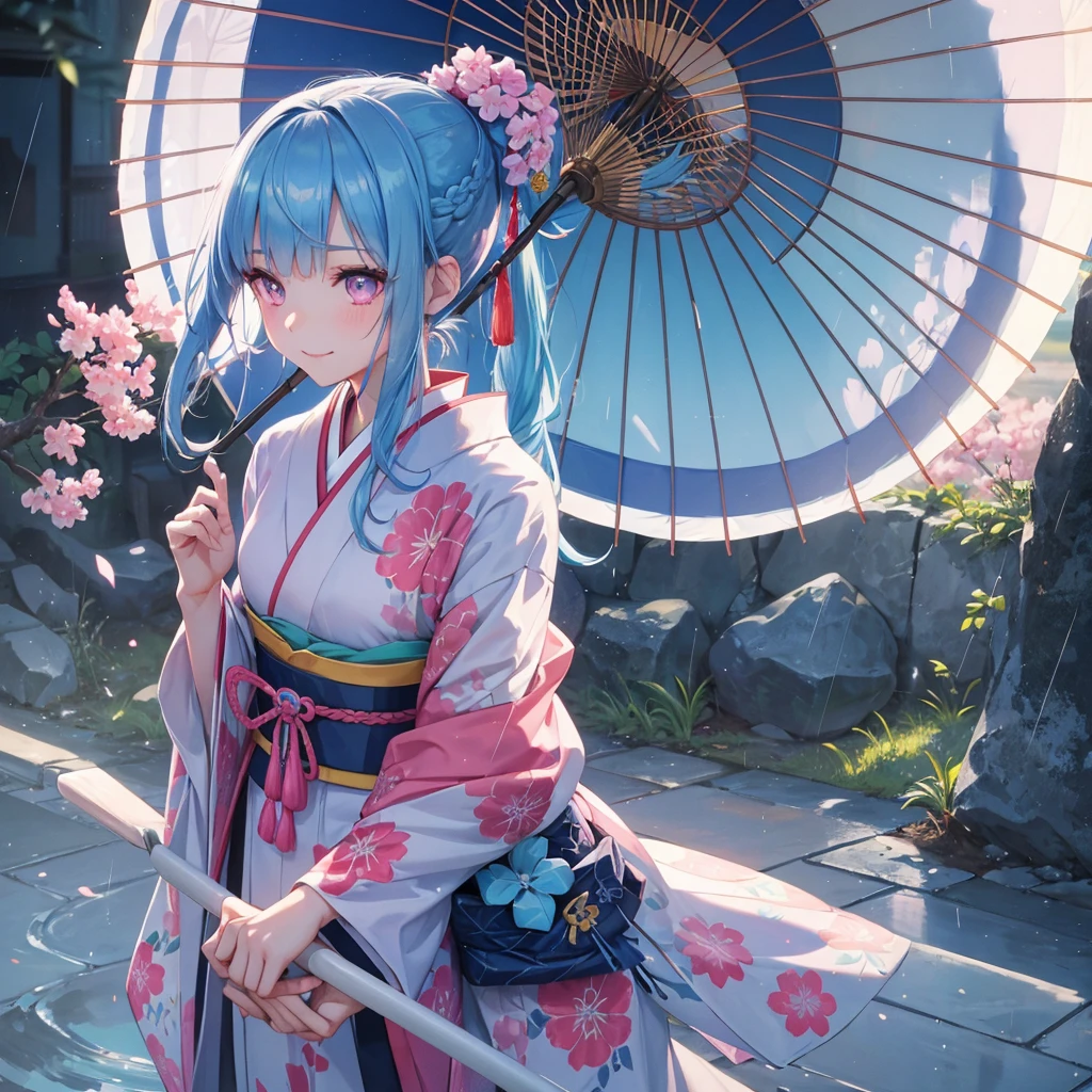 sky Blue hair, (braided ponytail),(pink eyes),fair skin ,(full body),(1 girl),smile,Straight Bangs,(masterpiece, best quality, ultra-detailed, best shadow), (detailed background), (beautiful detailed face), high contrast, (best illumination, an extremely delicate and beautiful), ((cinematic light)), colorful, hyper detail, dramatic light, intricate details,rain shower,kyoto,Japanese Umbrella,kimono,
