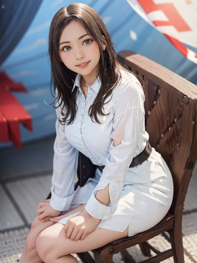 raw photo, 1girl, cute face, beautiful face, medium breast, collared blouse, White blouse, light smile, detailed skin, simple background, Above the knee, sit on a chair, Seductive pose, photorealistic, masterpiece, best quality, anatomically correct