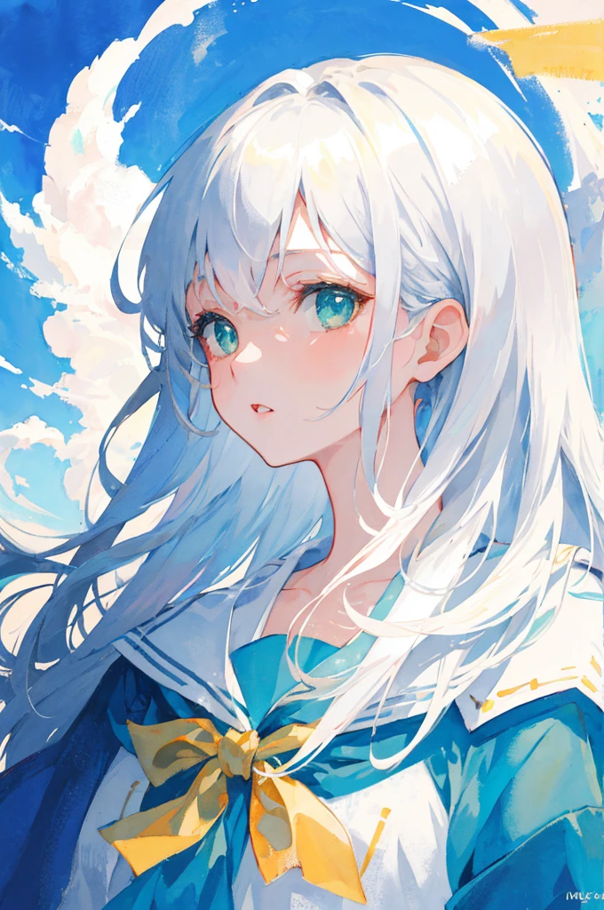 masterpiece, best quality, illustration, watercolor, flat color, blue sky, 1girl, close-up, straight-on, looking at viewer, detailed medium white hair, green eyes, serafuku, parted lips