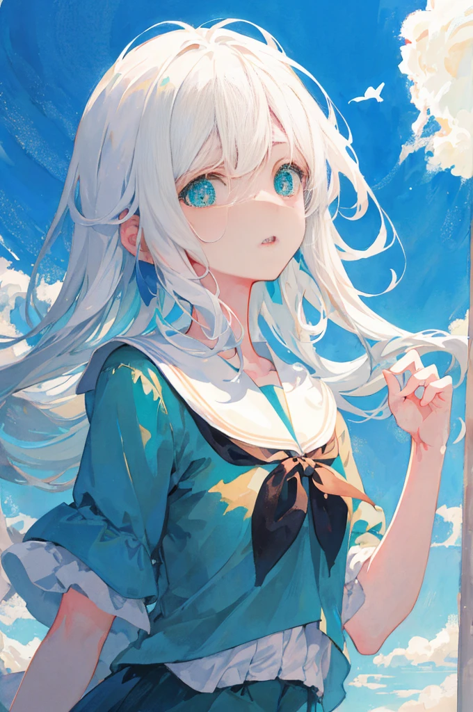 masterpiece, best quality, illustration, watercolor, flat color, blue sky, 1girl, close-up, straight-on, looking at viewer, detailed medium white hair, green eyes, serafuku, parted lips