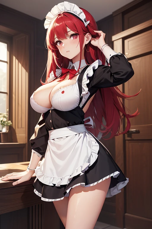 (1girl),(alone),(Full Body Portrait),(with face and body facing fourth wall:1.5),(white skin),(long red hair),(young),(beautiful and super hot),(structured slim 1girl),(alone),(white skin),(long red hair Red eyes),(young),(beautiful and super hot),(slender body structured),(Big Breasts:1.5),(height 1.74cm),(hot ass),(Wearing),+,(\dressed as a maid, and maid's outfit and super revealing on the back, I lowered the short skirt a lot, showing her legs, and a little of her panties, and the part of the apron at the back of the skirt is very low, showing her delicious buttocks, and over the maid uniform it looks like a very short and sexual bra, and she has an ass big and super big breasts, she is super busty and has very big buttocks)/