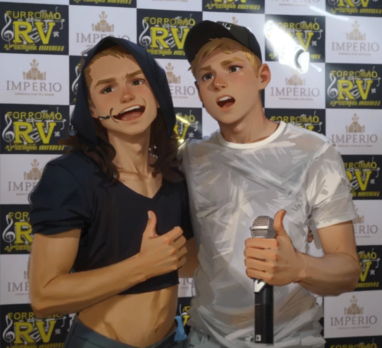 BOY SINGING WITH MICROPHONE IN HAND, blond, USING BLACK BONER, white shirt.