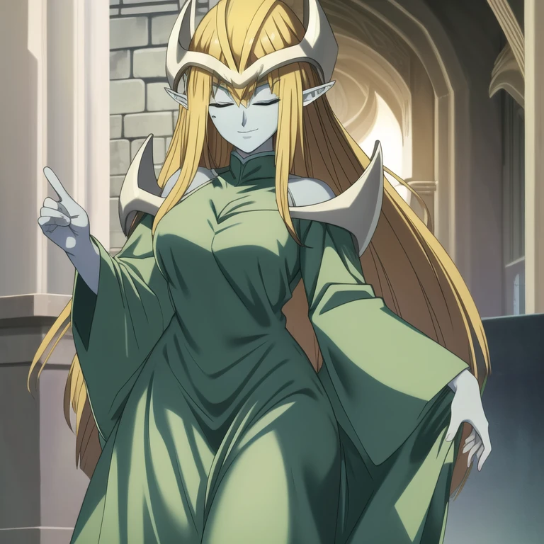 mysticalygo, mystical elf, smile, friendly look, medium breasts, eyes closed, green dress, long skirt, cale long sleeves, large sleeves, blue skin, blonde hair, long hair, Yugioh,