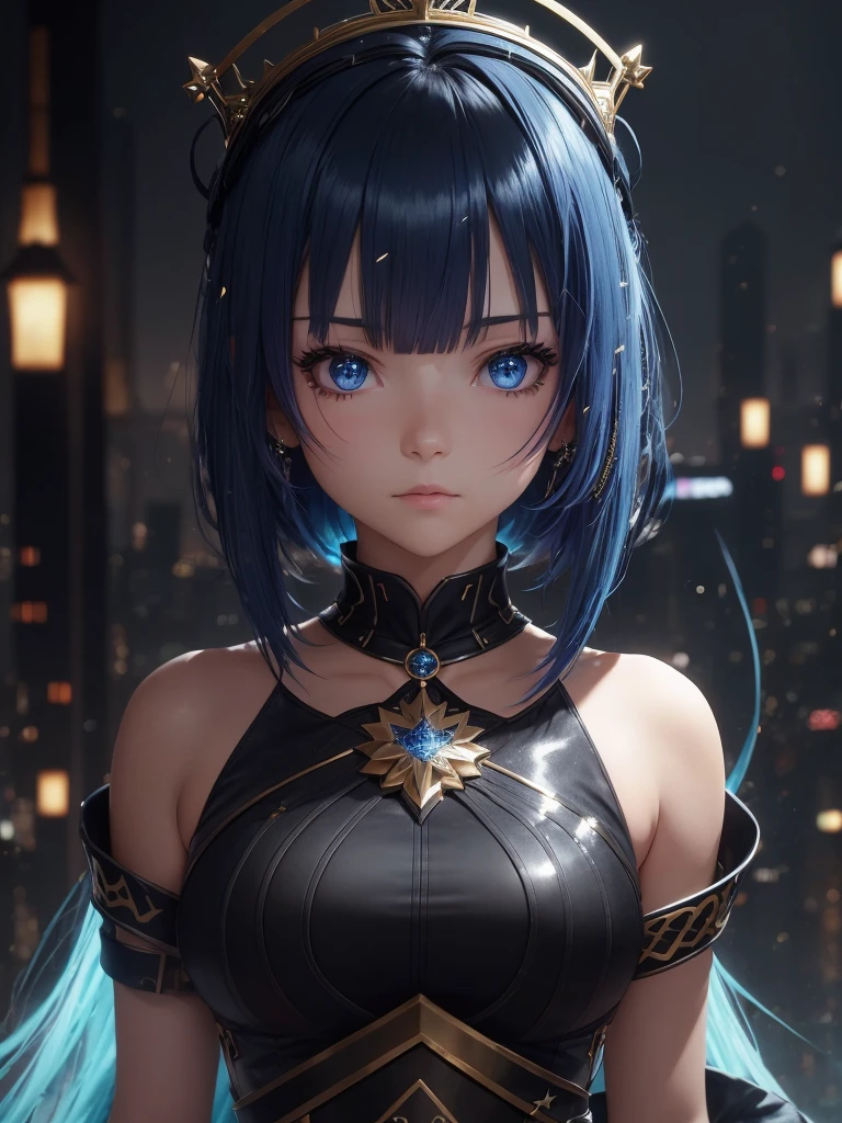 A bright environment with a dark city and as if it were a landscape 8k and a girl looking straight ahead with a flashy outfit 8k and a shiny crown 8k on top of her head and she is an anime character 8k and she has a slightly serious look 8k and that she is an adult 8k and the crown that is big 8k and her face like an anime with glitter 8k and her black and blue hair and that it is a little short 8k