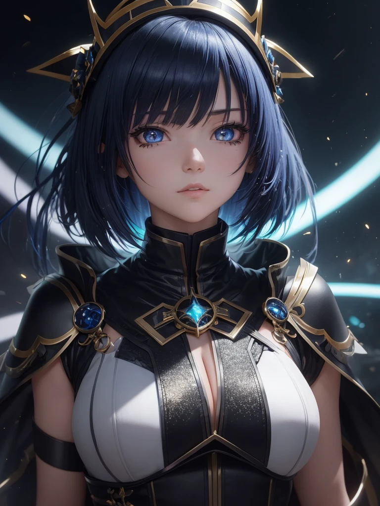 A bright environment with a dark city and as if it were a landscape 8k and a girl looking straight ahead with a flashy outfit 8k and a shiny crown 8k on top of her head and she is an anime character 8k and she has a slightly serious look 8k and that she is an adult 8k and the crown that is big 8k and her face like an anime with glitter 8k and her black and blue hair and that it is a little short 8k