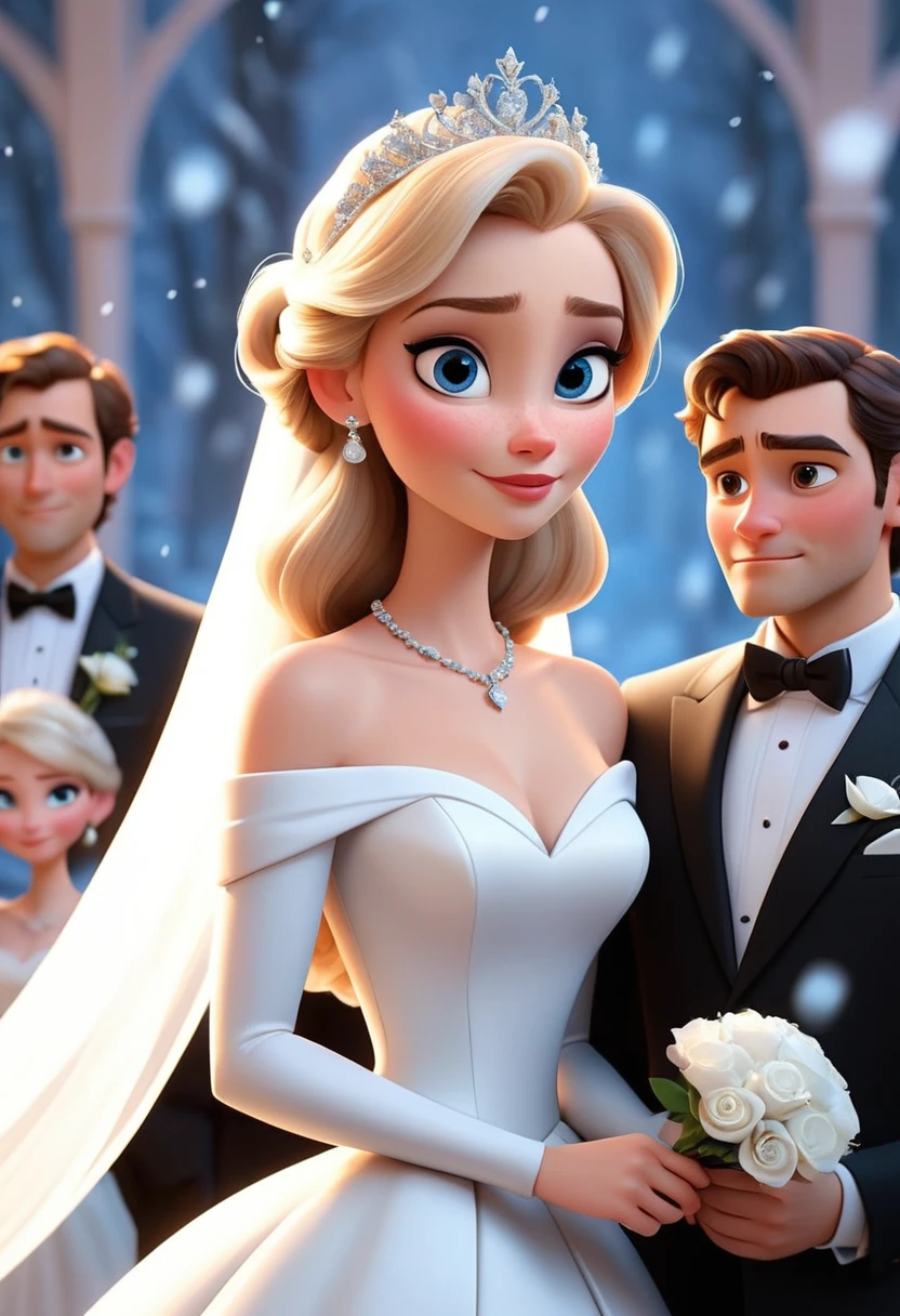 (disney pixar style:1.2) (cute adorable girl:1.15) (adult age 20:1.15) In a carefully crafted 3D rendering, a light-skinned woman with long blonde hair and blue eyes is the focal point of the wedding ceremony. She is in a strapless white gown adorned with a tiara and a diamond necklace. Her hair is slicked back in a sleek bob and she has a pair of earrings in each ear. A microphone is held in her right hand, while her left hand rests on the groom's chest. The groom, a light-skinned man with dark hair and a black suit, is second from the left in the picture. His eyes are wide and expressive and he wears a white shirt, black tie and gray suit. Her hands are on the groom's chest and she is holding the microphone in her left hand. The background shows a crowd of people, some of them dressed in formal clothes. The scene is set against a backdrop of frozen frozen landscape, with snowflakes falling from the sky.
