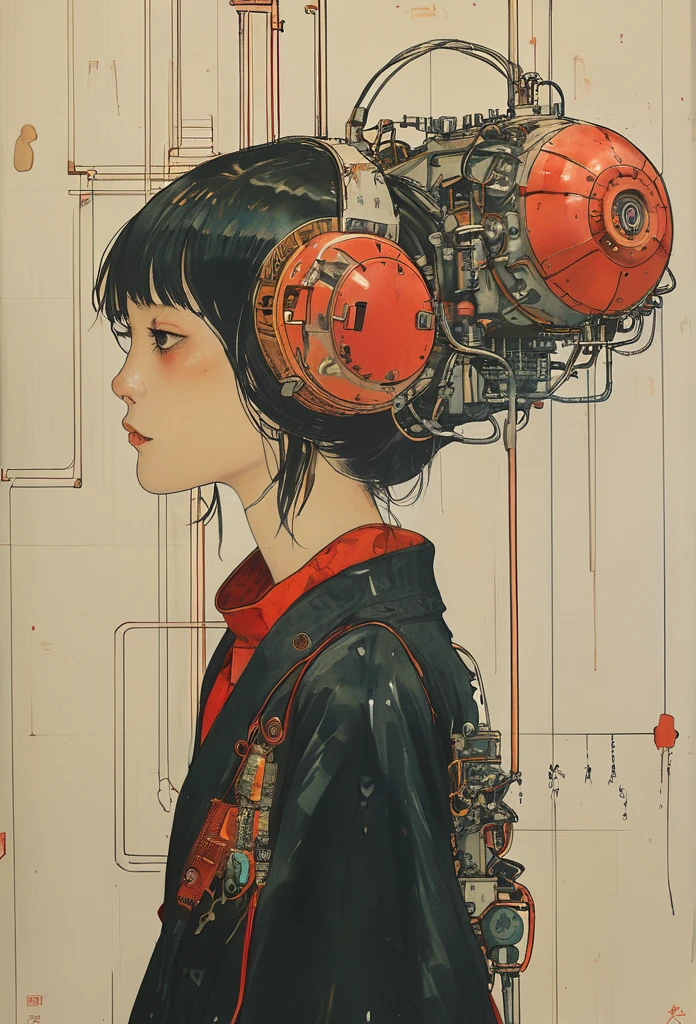 1 female demonic cyborg , tubes connected to the wall
beautiful
long black hair
praying
mechanical limbs
red turtle neck tight
skulls
(color ink painting by Katsuhiro Otomo, Moebius, Victo Ngai Katsuya Terada, Aaron Horkey )