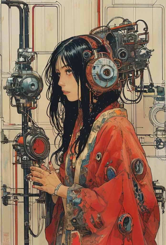 1 female demonic cyborg , tubes connected to the wall
beautiful
long black hair
praying
mechanical limbs
red turtle neck tight
skulls
(color ink painting by Katsuhiro Otomo, Moebius, Victo Ngai Katsuya Terada, Aaron Horkey )