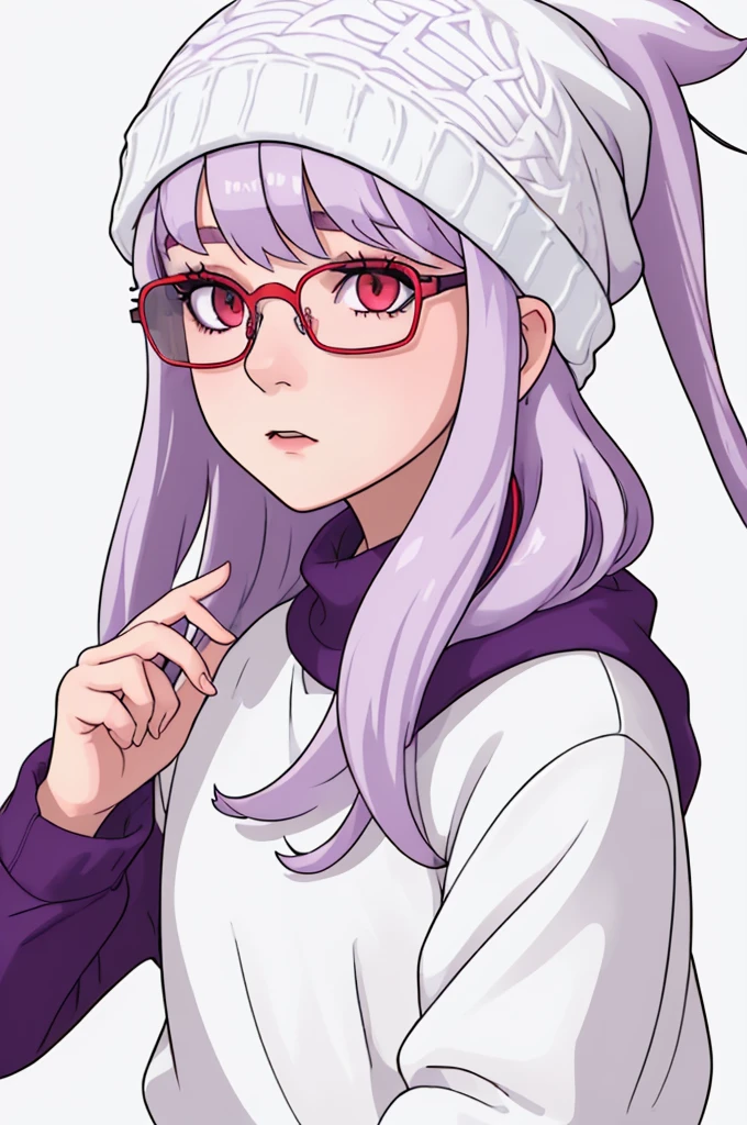 girl, white background, white beanie, bangs, light purple hair, red eyes, glasses,
