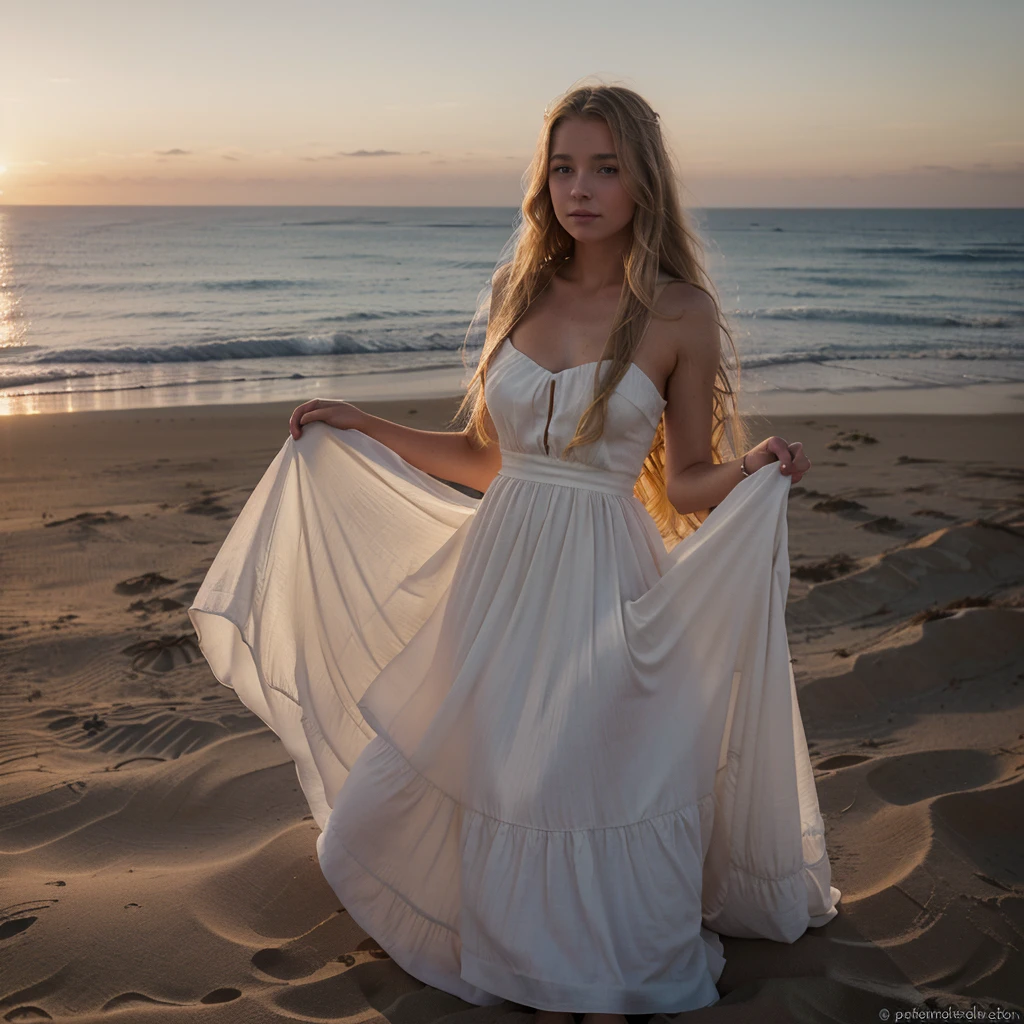 belle blonde assise sur une dune de sable, (regardant le coucher de soleil, wearing a long, flowing dress, with a romantic and soothing atmosphere.), very detailed, 21 ans, visage innocent, natural wavy hair, blue eye, high resolution, head of&#39;artwork, best quality, intricate details, very detailed, sharpness, detailed skin, realistic skin texture, texture, detailed eyes, professionnel, 4K, charming smile, shot with Canon, 85mm, shallow depth of field, Kodak Vision Color, corps parfaitement ajusté, extremely detailed, Photo_\(ultra\), photorealistic, realistic, Post-traitement, Maximum details, roughness, real life, ultra realistic, photorealism, la photographie, 8k uh, la photographie