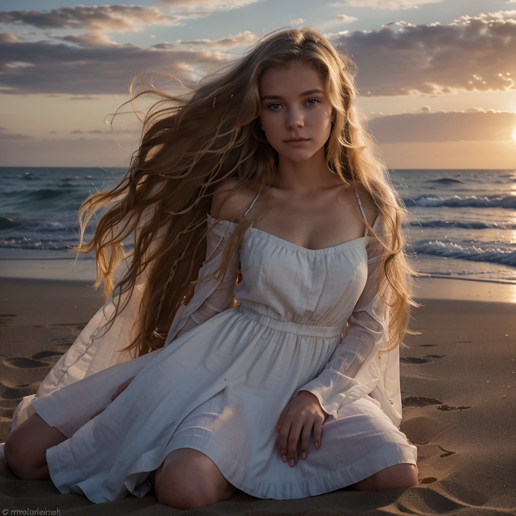 belle blonde assise sur une dune de sable, (regardant le coucher de soleil, wearing a long, flowing dress, with a romantic and soothing atmosphere.), very detailed, 21 ans, visage innocent, natural wavy hair, blue eye, high resolution, head of'artwork, best quality, intricate details, very detailed, sharpness, detailed skin, realistic skin texture, texture, detailed eyes, professionnel, 4K, charming smile, shot with Canon, 85mm, shallow depth of field, Kodak Vision Color, corps parfaitement ajusté, extremely detailed, Photo_\(ultra\), photorealistic, realistic, Post-traitement, Maximum details, roughness, real life, ultra realistic, photorealism, la photographie, 8k uh, la photographie