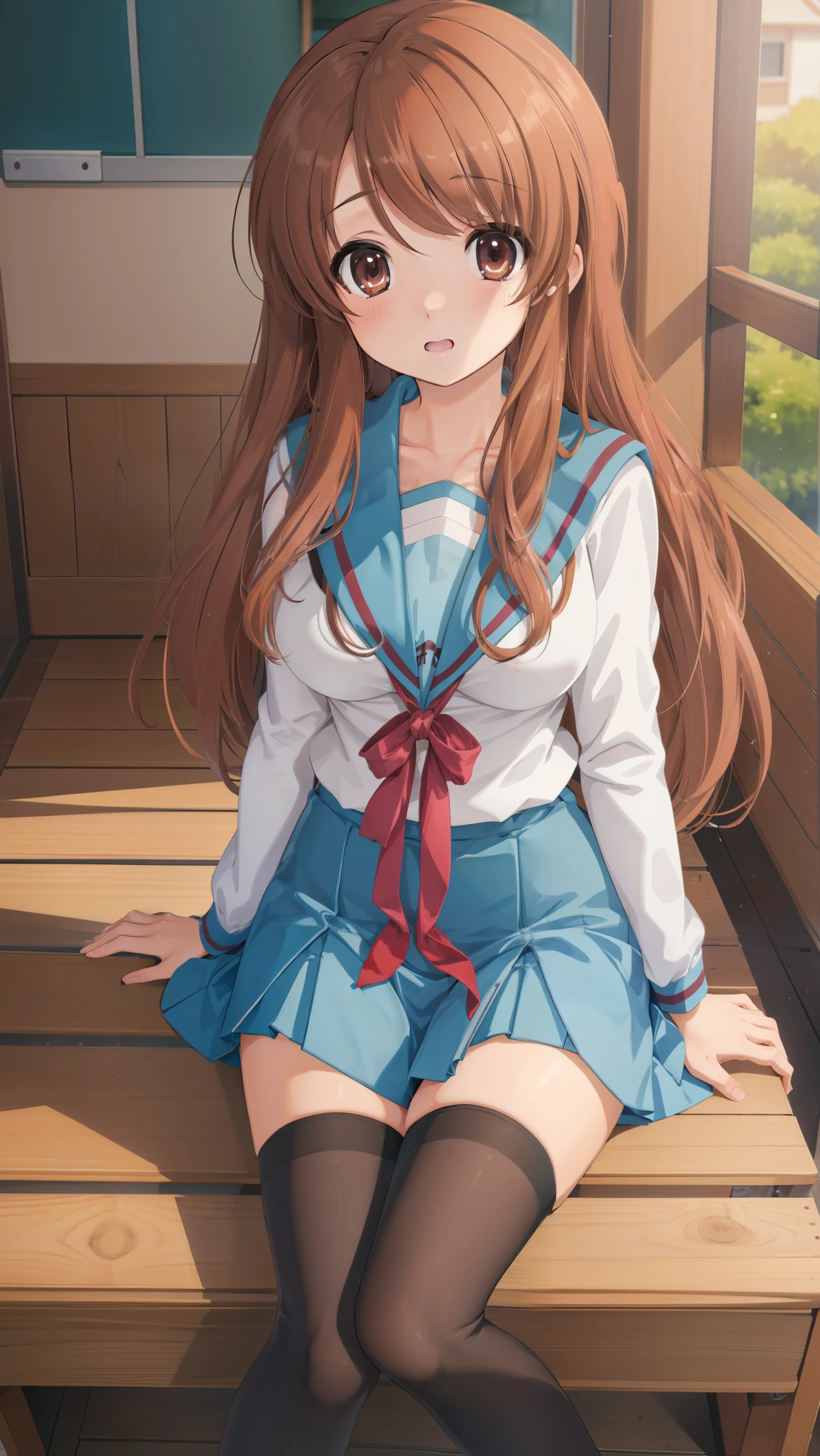 (masterpiece), highest quality, high resolution, illustration, game cg, asahina mikuru, detailed eyes, perfect face, serafuku, pleated miniskirt, thigh highs, school, hallway, sitting, (knees bent)