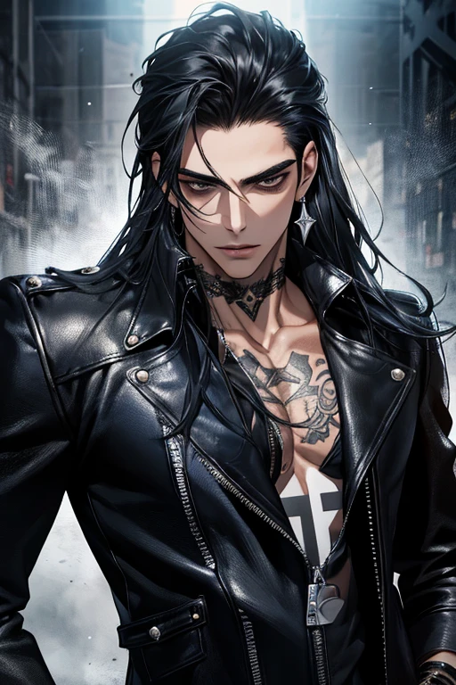 photography of a heavy metal star, a solo man, 25 years old, singer, cigarrete in his lips, black eyes, expressive look, long dark blue black hair, straight hair, blueshine hair, unshaven, cross silver earrings in ears, black leather jacket, leather pants, chest tattoo, super detailed face, perfect body, perfect shapes, realistic image, award winning photography, 8k,