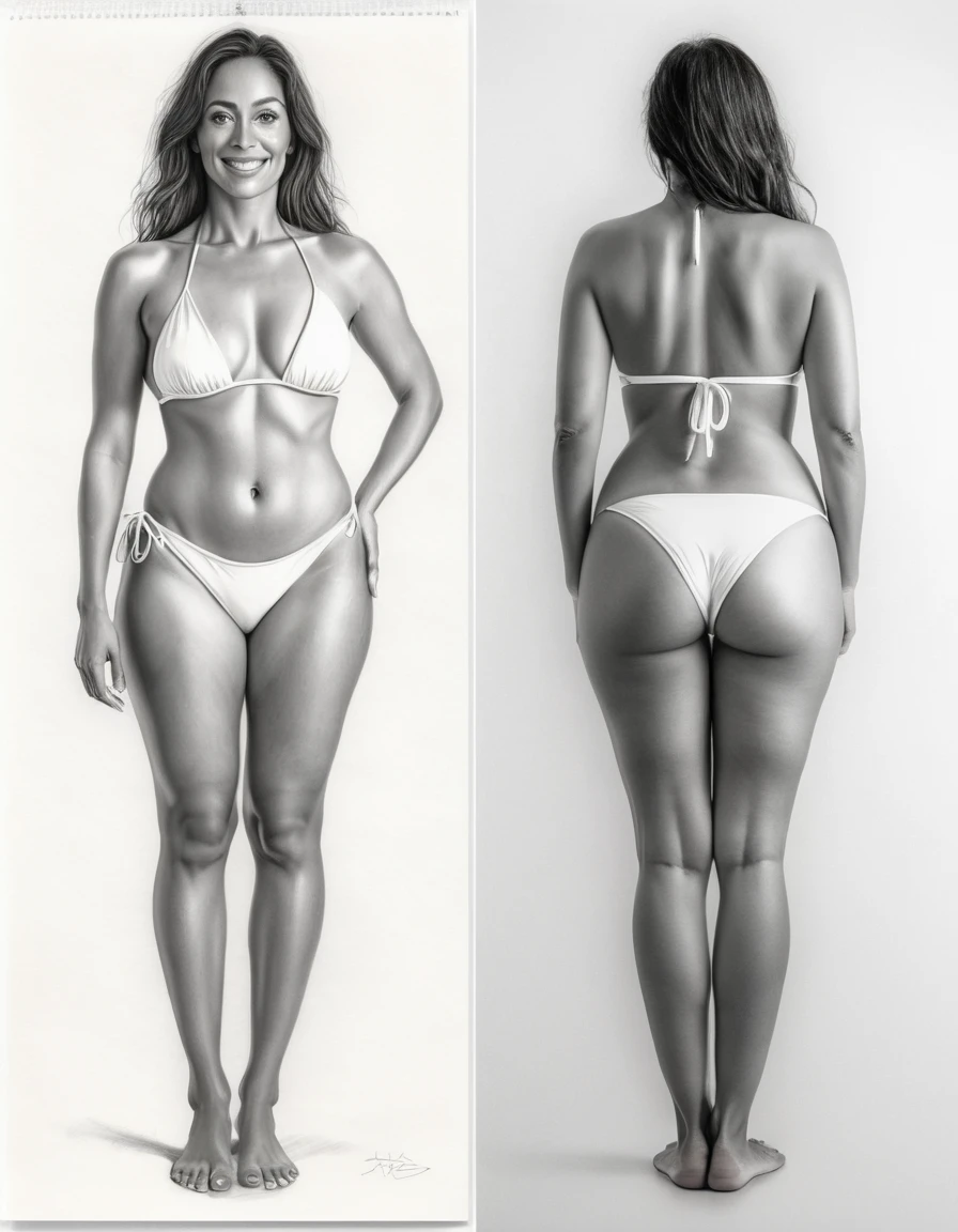 Graphite pencil drawing of the same 40yo Brazilian woman, front and back view, full body, standing, wearing white bikini, white background