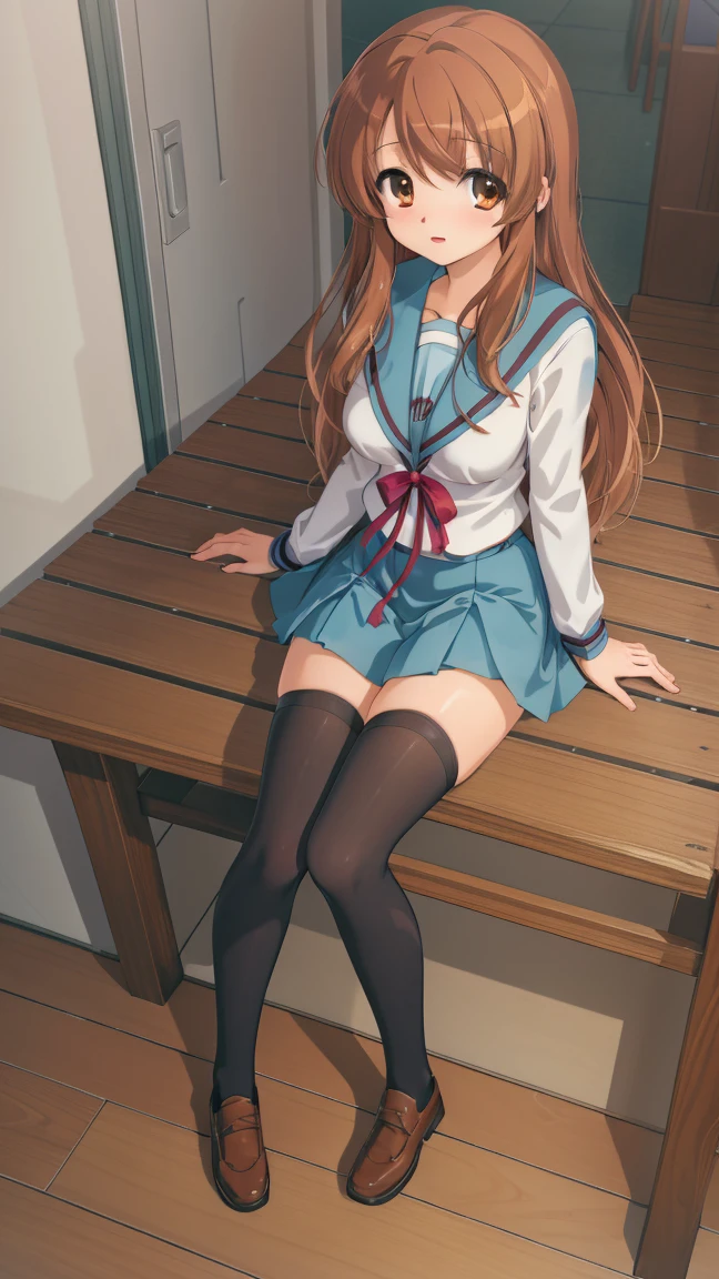 (masterpiece), highest quality, high resolution, illustration, game cg, asahina mikuru, detailed eyes, perfect face, serafuku, pleated miniskirt, thigh highs, school, hallway, sitting, (knees bent), (pantyshot:0.8)