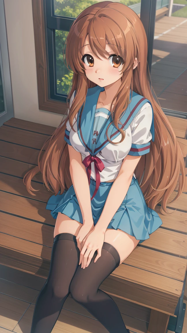 (masterpiece), highest quality, high resolution, illustration, game cg, asahina mikuru, detailed eyes, perfect face, serafuku, pleated miniskirt, thigh highs, school, hallway, sitting, (knees bent:1.2), (pantyshot)