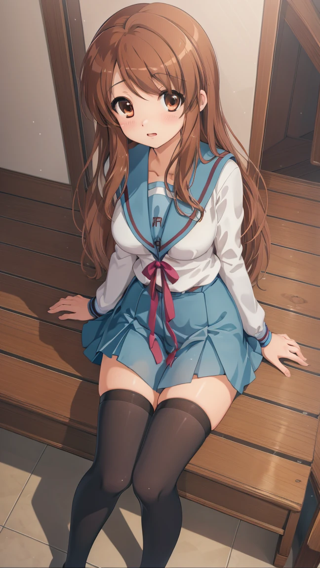 (masterpiece), highest quality, high resolution, illustration, game cg, asahina mikuru, detailed eyes, perfect face, serafuku, pleated miniskirt, thigh highs, school, hallway, sitting, (knees bent), (pantyshot:0.8)