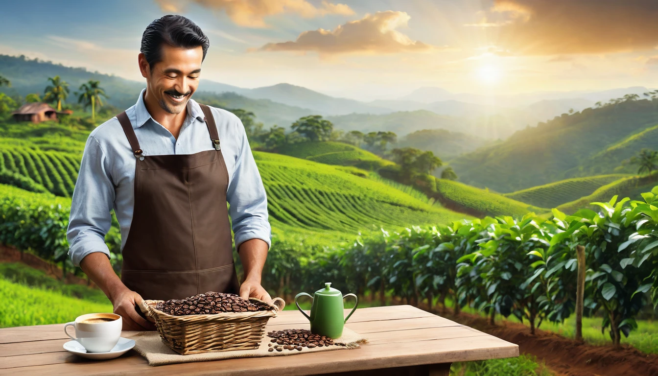 Image Composition
Background:

Campo Verdejante: A green field with coffee plantations in the background, showing the exuberance and natural origin of the product.
Intermediate Plan:

Rustic Table: A wooden table with a steaming cup of coffee, an antique coffee maker and scattered coffee beans.
First plan:

Close-up: Coffee beans or the steaming cup of coffee, to highlight the quality of the product.
Main character:

Man in the Field: A robust man, dressed in a simple and practical way, who conveys strength and hard work. He could be picking coffee beans, holding a basket full of beans, or just enjoying a cup of coffee in the field.
Expression: A look of satisfaction and pride, reflecting dedication to growing coffee.
Lighting:

Soft Natural Light: Preferably during dawn or dusk, to create a welcoming and magical atmosphere.
Text:

Slogan or Message: Something that highlights the strength and dedication involved in the production of coffee, such as "Strength and Dedication in Every Bean", "The Flavor of the Earth and Effort" or "Grown with Passion, Savored with Pleasure".
Design Suggestion
Background: Green field with coffee plantations.
Intermediate Shot: Rustic table with steaming coffee and beans.
Foreground: Close-up of coffee beans.
Main Character: Robust man in the field, harvesting or enjoying coffee.
Lighting: Soft natural light, dawn or dusk.
Text: Short and impactful slogan about strength and dedication.