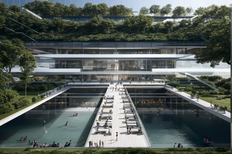 museum building made of dark green metal panels, surrounded by black water and bronze sculptures in the style of Zaha Hadid on an open field with blue sky, pools, reflections, people, gate, ancient