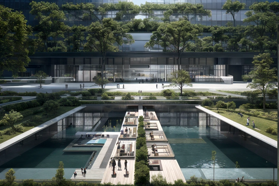 museum building made of dark green metal panels, surrounded by black water and bronze sculptures in the style of Zaha Hadid on an open field with blue sky, pools, reflections, people, gate, ancient