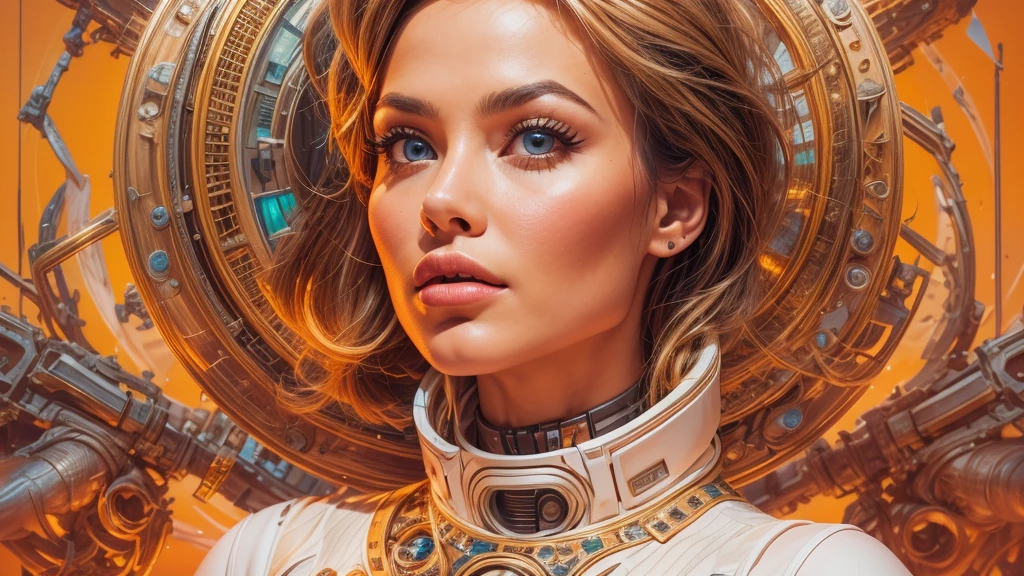 arafed image of a white woman in a futuristic suit with a spaceship in the background, movie art, in front of an orange background, inspired by Robert McGinnis, female protagonist, megastructure in the background, portrait of an ai astronaut, astronauts, an astronaut, portrait of a astronaut skeletor, perfect android girl, detailed eyes, perfectly detailed teeth, frank franzzeta and sakimichan