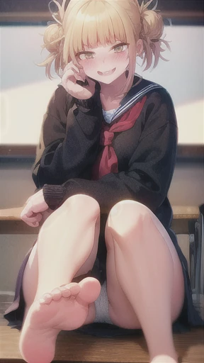 Highest quality,Detailed portraits,Sitting,(Girl showing detailed sole of right foot:1.4),(Detailed and beautiful face),(Beautiful deformed teeth),Erotic tongue,(Beautifully detailed white panties with stitching),Staring at me as if looking into my eyes,(A smile of pleasure),(Sweating all over:1.5),(There is a cloudy liquid on the sole of the right foot.:1.3),Long, slender legs,(high school girl),She is taking a picture of me with the camera in her left hand.,School classroom