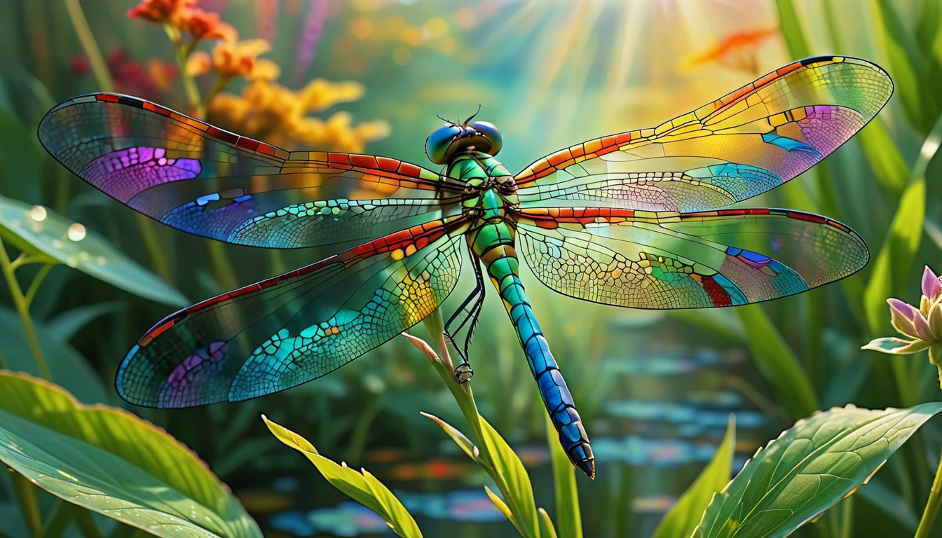 A dragonfly with intricate patterns and vibrant colors, its wings resembling stained glass, soaring through a dreamy, ethereal landscape.
