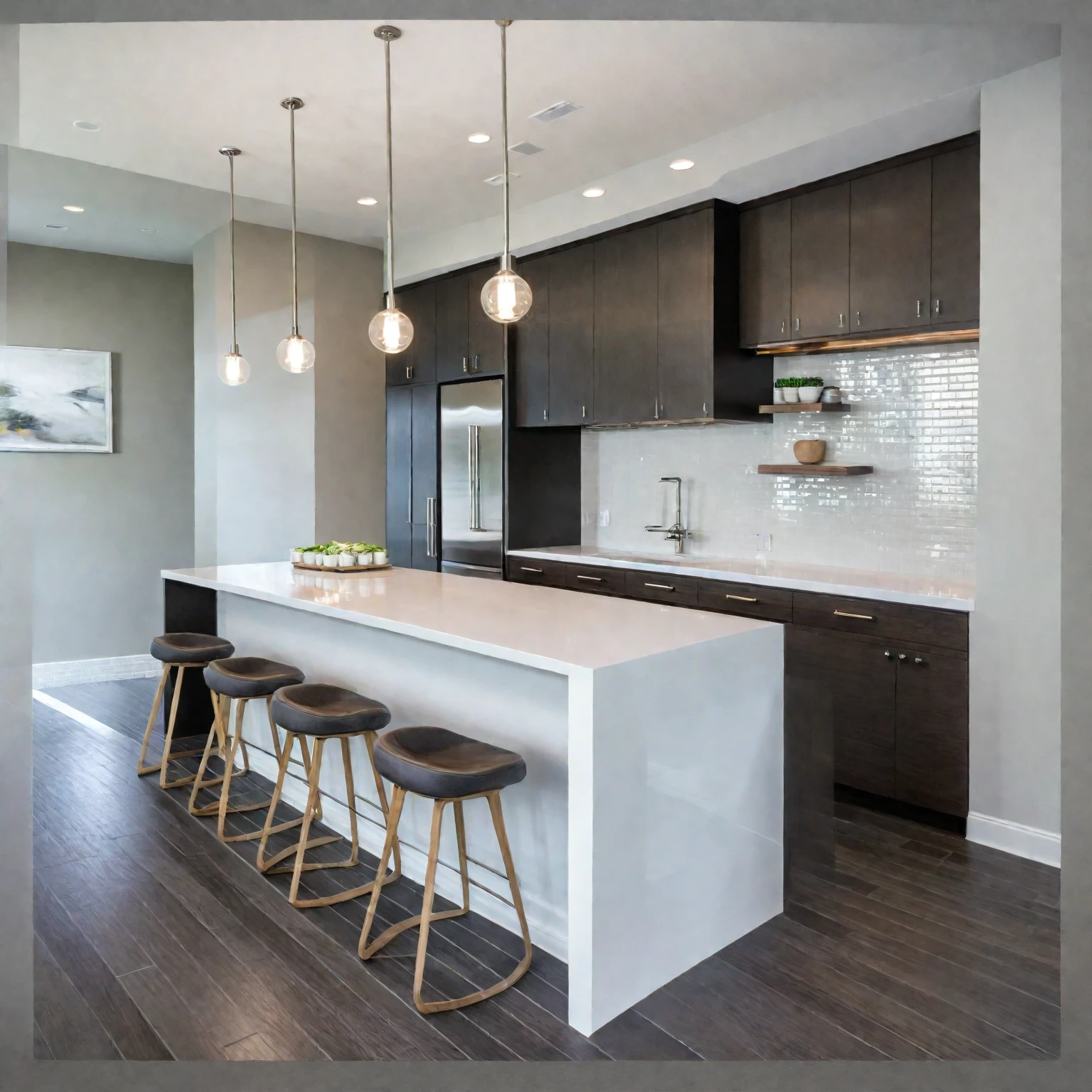 Modern kitchen, kitchen, sleek design, clean lines, stainless steel appliances, polished quartz countertops, matte white and dark wood cabinetry, large island, bar stools, glossy subway tile backsplash, open shelves, pendant lights, neutral-toned tile floor, natural light, bright and inviting