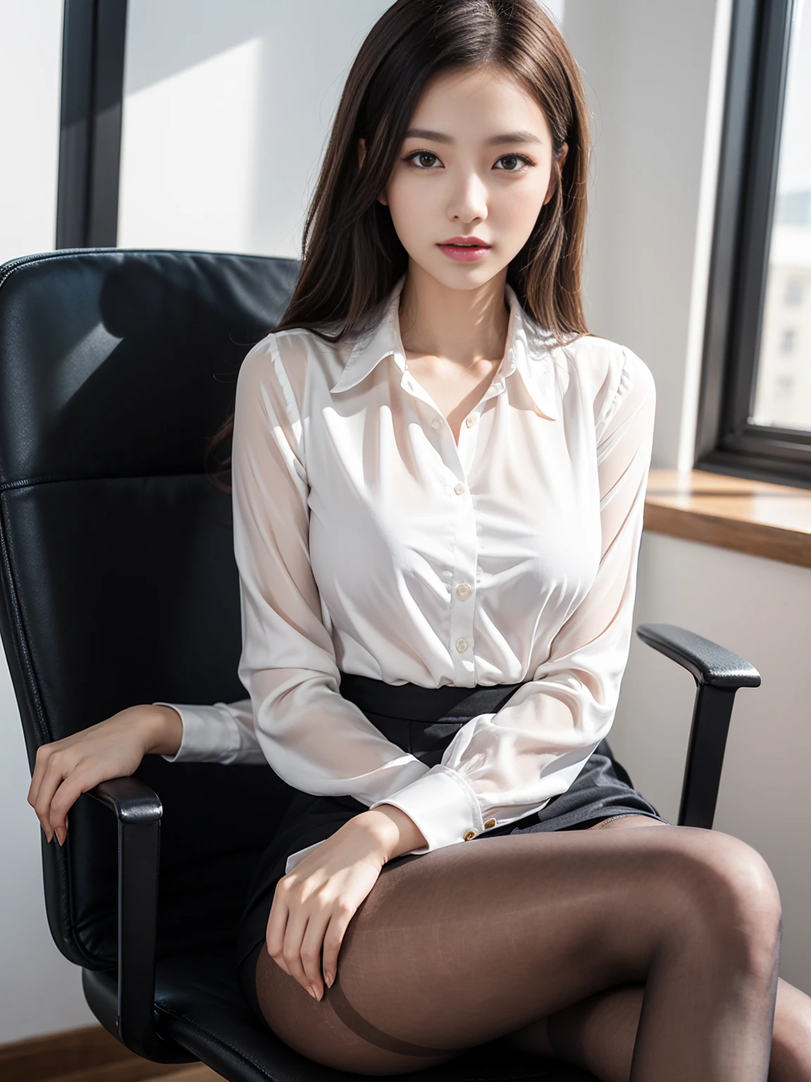 Classy upper class elite secretary in luxury silk blouse, Skirt and thighs、27 years old、height 162cm、Sitting on a chair in the office、Office uniform, (Glossy Pantyhose,Realistic pantyhose)、Working in the office、Wearing an ultra-thin satin blouse, Wear high-quality high heels、 Girl in blouse, Wearing an elegant blouse, When you wear a very thin blouse, Businessman, Blouse and skirt, Wearing a silk blouse, Wear a shirt and skirt, RAW Photos, (8K、Highest quality、masterpiece:1.2)、(Intricate details:1.4)、(Photorealistic:1.4)、Octane Rendering、Complex 3D rendering with ultra-detail, Soft studio light, Rim Light, Vivid details, Super Detail, Realistic skin textures, Face in detail, Beautiful details in the eyes, Highly detailed CG Unity 16k wallpaper, compensate, (Detailed Background:1.2), Exposed thighs!!!Erotic~!!!!