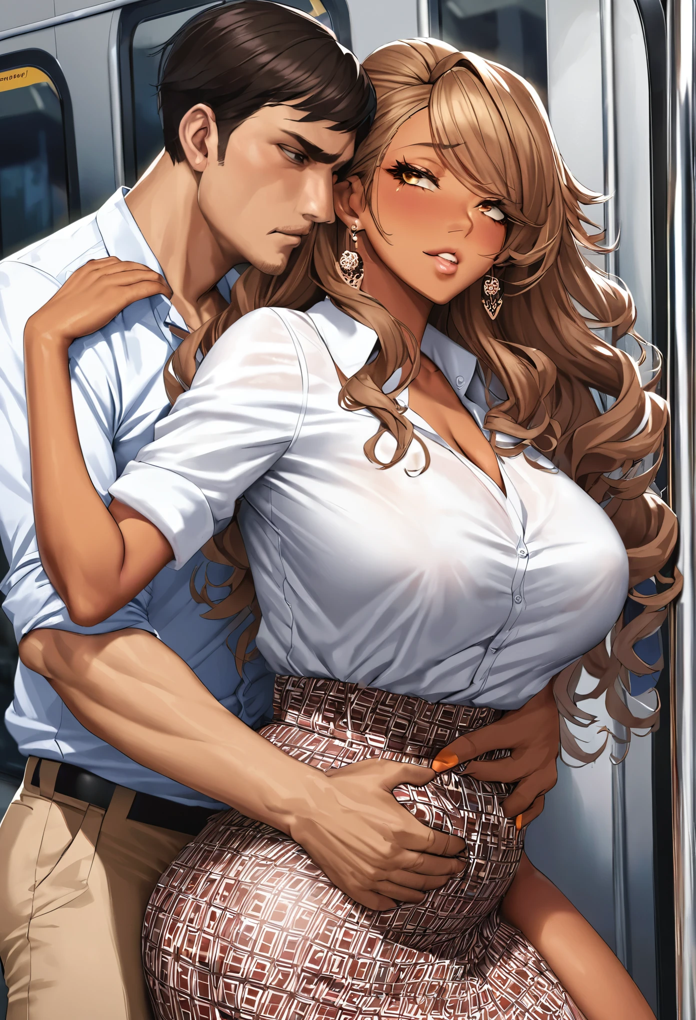 nsfw,hyperrealistic anime,adult curvy gyaru,tanned gyaru,man holding woman in arms,grabbing bres,standing side by side,groped by man at train,dark brown hair,earring,plain blouse,patterned skirt,man groping woman from side,