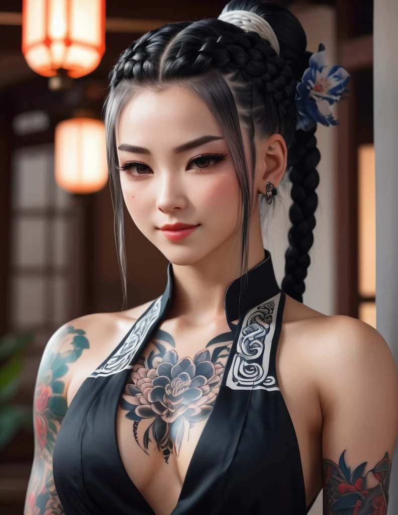 quality(8k wallpaper of extremely detailed CG unit, ​masterpiece, hight resolution, top-quality, top-quality real texture skin,hyper realisitic, digitial painting,increase the resolution,RAW photos，best qualtiy,highly detailed,the wallpaper),BREAK,8K, onmyoji-style art, black and white braids, muscular girl, tattoos, small smile, black dress, full face, close up shot 