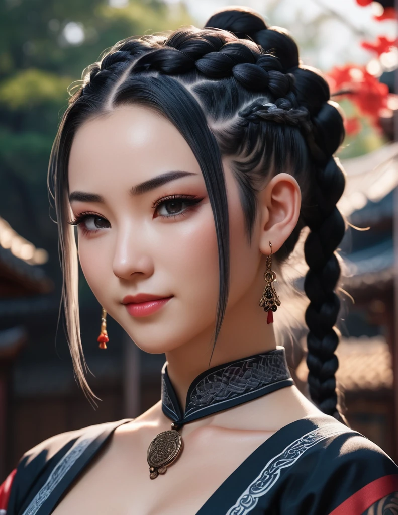 quality(8k wallpaper of extremely detailed CG unit, ​masterpiece, hight resolution, top-quality, top-quality real texture skin,hyper realisitic, digitial painting,increase the resolution,RAW photos，best qualtiy,highly detailed,the wallpaper),BREAK,8K, onmyoji-style art, black and white braids, muscular girl, tattoos, small smile, black dress, full face, close up shot 