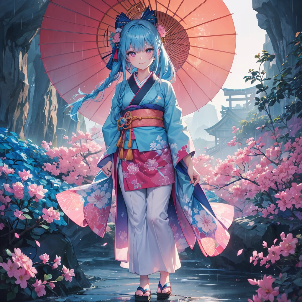 sky Blue hair, (braided ponytail),(pink eyes),fair skin ,(full body),(1 girl),smile,Straight Bangs,(masterpiece, best quality, ultra-detailed, best shadow), (detailed background), (beautiful detailed face), high contrast, (best illumination, an extremely delicate and beautiful), ((cinematic light)), colorful, hyper detail, dramatic light, intricate details,rain shower,kyoto,Japanese Umbrella,kimono,