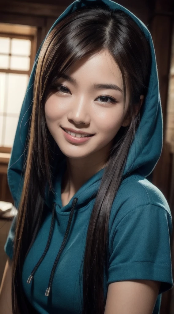 8k, best quality, masterpiece, realistic, ultra detail, photo realistic, hyper realistic, smoother lighting, increase cinematic lighting quality, realistic lighting, backlighting, brightening light, Increase quality, best quality real texture skin,
close-up, slender, cute face, smile, beautiful details eyes, 19years old korean, pretty, Drill hair with electric blue color, hood,