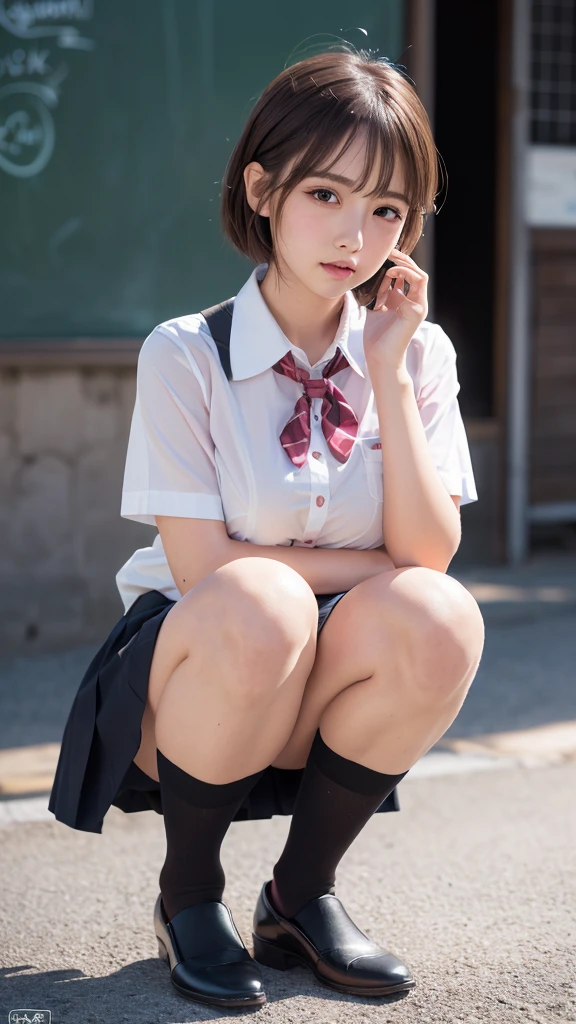 (Showing off panties:1.2), (Professional portrait, Realistic and perfectly shaped subjects:1.3), (masterpiece, highest quality:1.2), (Realistic, Ultra-realistic, Realistic:1.3), (ultra High resolution), High resolution, Intricate details, Super detailed, (Highly detailed CG, unity 8k wallpaper:1.3), Clear image,
break
(1 Japanese girl, ), (cute, Slender figure), (Perfect Anatomy, Correct limbs:1.2), (Perfect hands), Perfect Arms, Beautiful and delicate face down to the last detail, Beautiful and delicate eye and eye highlights, (Very thin and delicate、not too long lashes), (Captivating eyes, Beautifully detailed eyes and face), light makeup, Pink Lip, Lip gloss, Stylish face, (Shiny skin, Realistic skin detail), Brown bob Hair, (Plump breast:1.2),
break
((school uniform)), (High school girl), (Black socks), shirt open
break
railroad, squatting, (Cowboy Shot), break
(((blush:1.4))), ((Embarrassing:1.4)), (((shy:1.5)))
break
from below
break