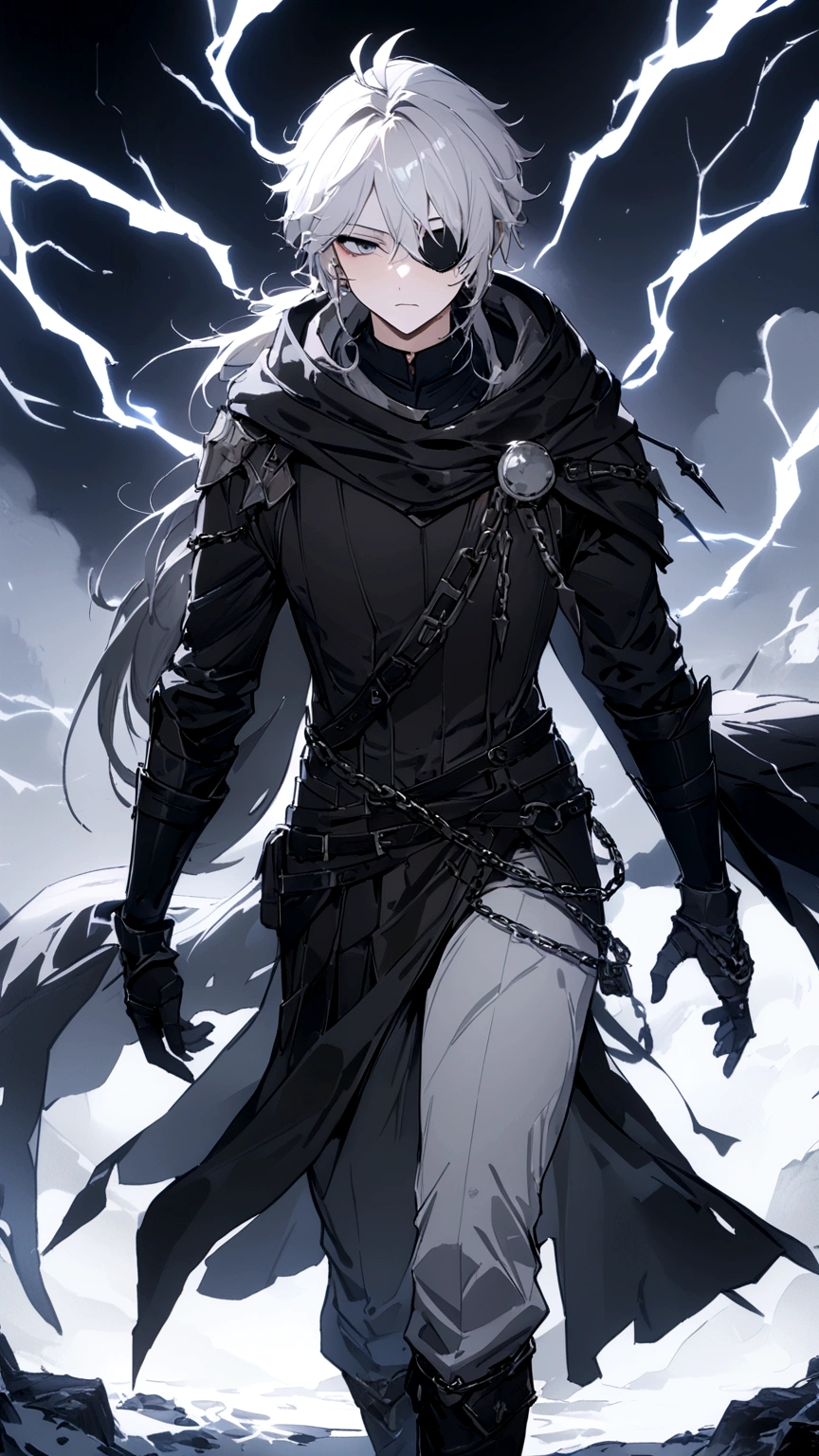 Anime character. A man, he was medieval. 27 years old, large body, cold gaze, cold expression, white skin, short and messy gray hair, ponytail, left eye patch, black clothes, black shirt, dark cape with hood, several chains. frontal camera. Walking under the red moonlight. White electricity emanating from his body, black electricity emanating from his left hand. Iris of the right eye glowing white. Thunderous white lightning. (best quality, 4k, 8k, high resolution, masterpiece: 1.2)
